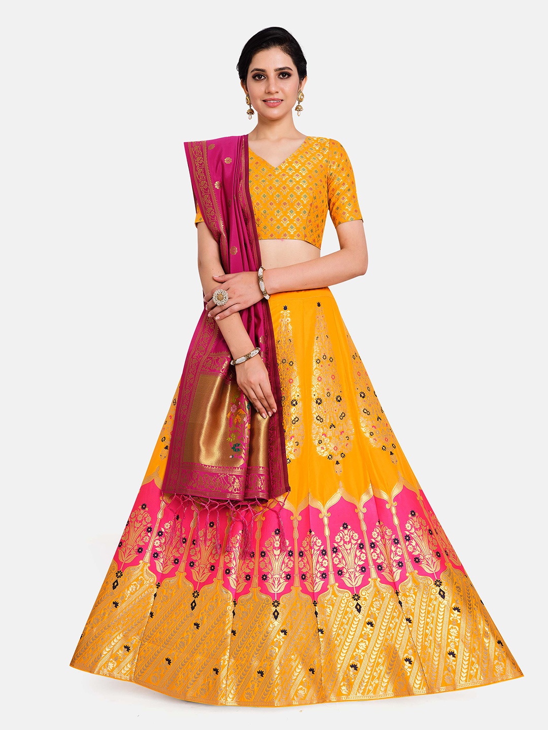 

MIMOSA Yellow & Pink Semi-Stitched Lehenga & Unstitched Blouse With Dupatta