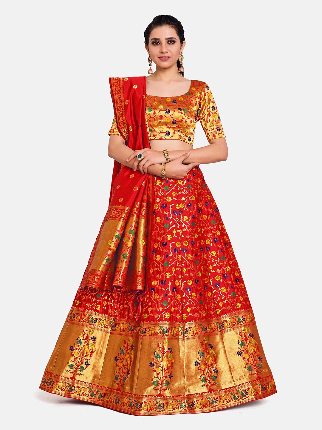 

MIMOSA Red & Gold-Toned Semi-Stitched Lehenga & Unstitched Blouse With Dupatta