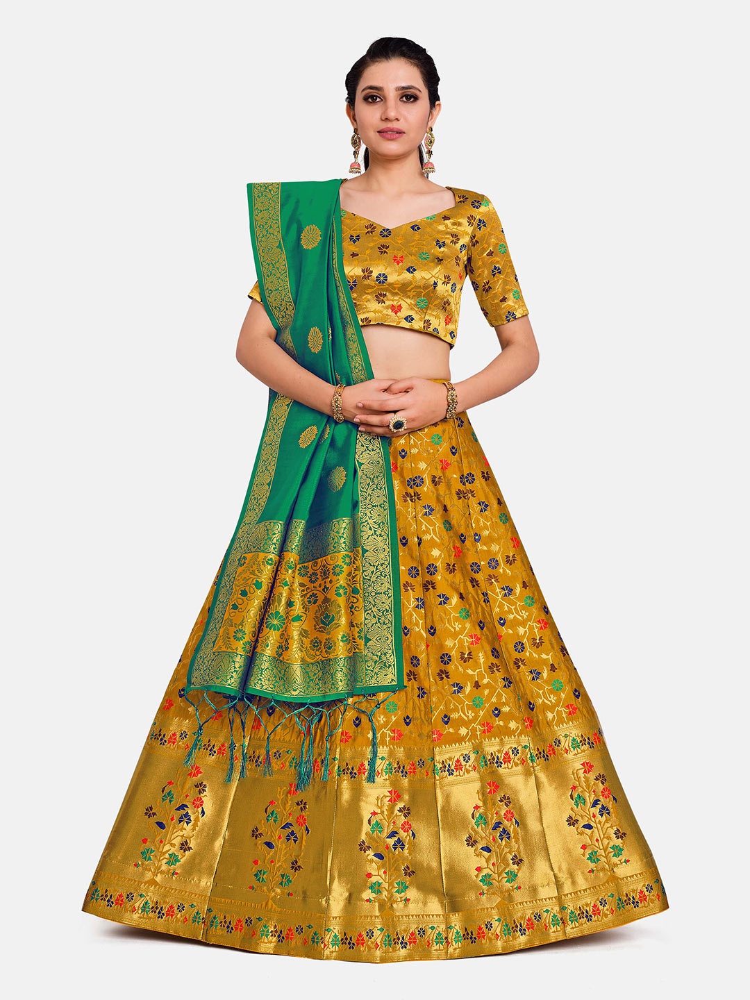 

MIMOSA Yellow & Green Semi-Stitched Lehenga & Unstitched Blouse With Dupatta