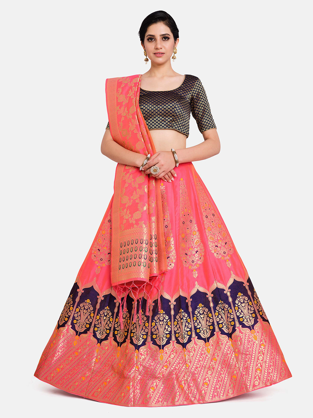 

MIMOSA Peach & Navy Blue Semi-Stitched Lehenga & Unstitched Blouse With Dupatta