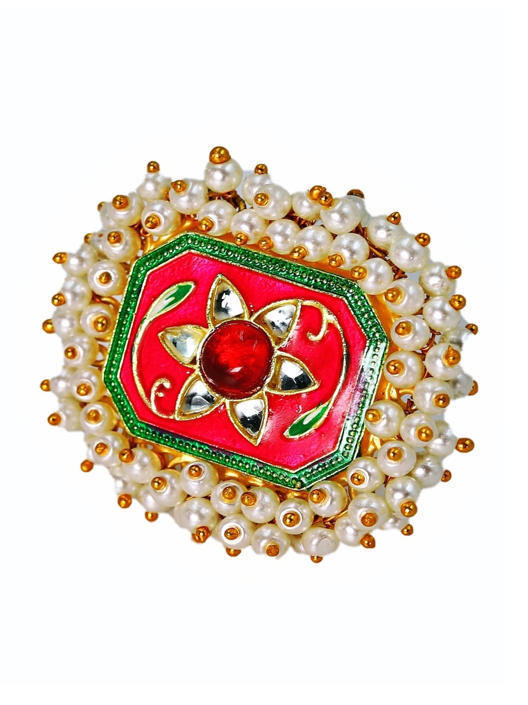 

THOA Gold-Plated Red Kundan-Studded Meenakari Adjustable Finger Ring