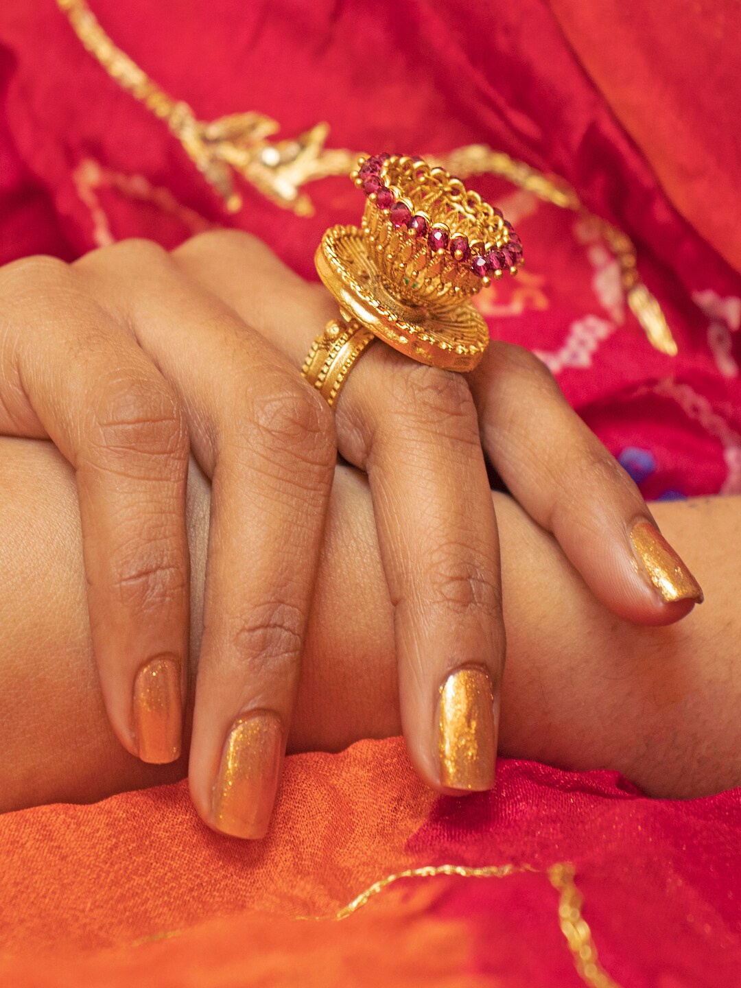

THOA Gold Plated Green Studded & Red Beaded Finger Ring