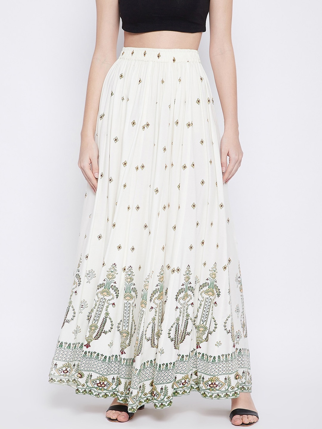 

TULIP 21 Women Off-White & Green Ethnic Motifs Printed Flared Maxi Skirt