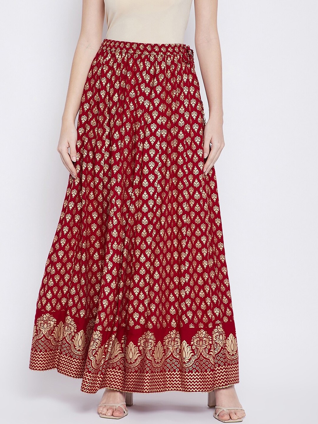 

TULIP 21 Women Maroon & Gold-Coloured Ethnic Motifs Printed Flared Maxi Skirt