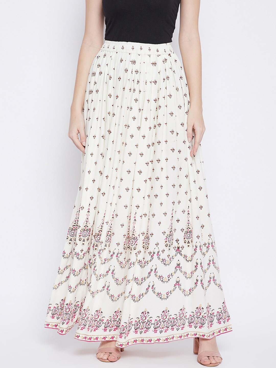 

TULIP 21 Women Off-White & Pink Floral Printed Flared Maxi Skirt