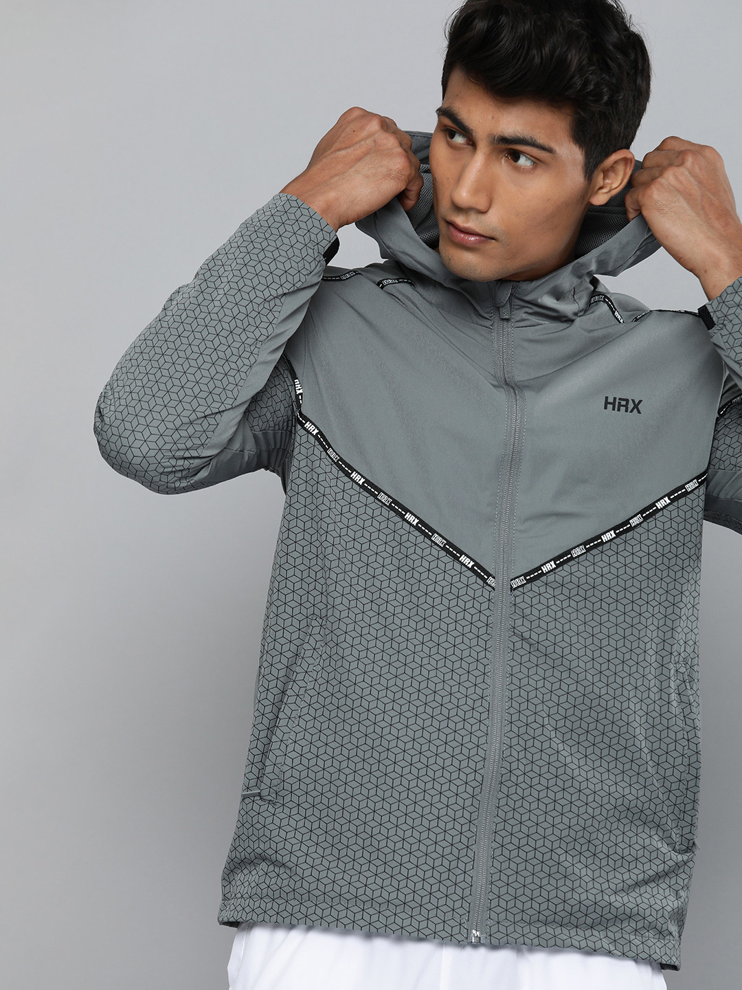 

HRX by Hrithik Roshan Men Grey & Black Geometric Print Tailored Jacket