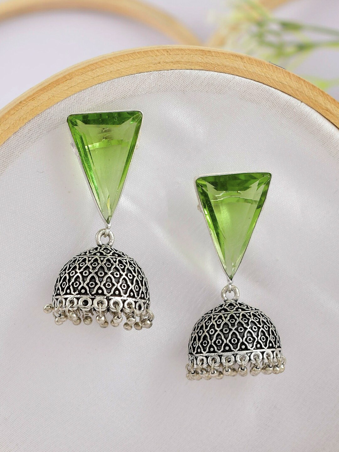 

Infuzze Silver Plated Green Contemporary Jhumkas Earrings