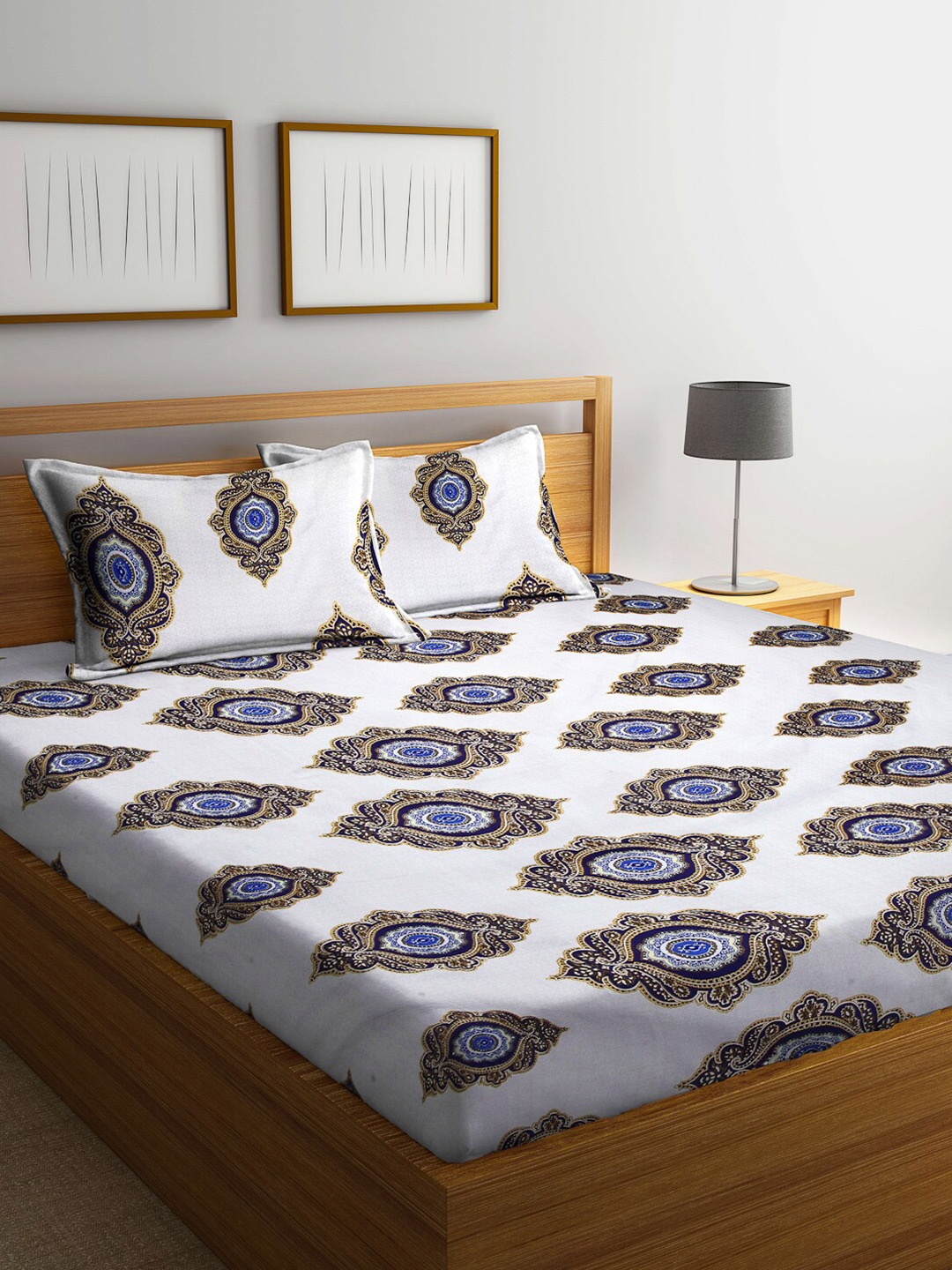 

Arrabi White & Blue Ethnic Motifs 300 TC King Bedsheet with 2 Pillow Covers