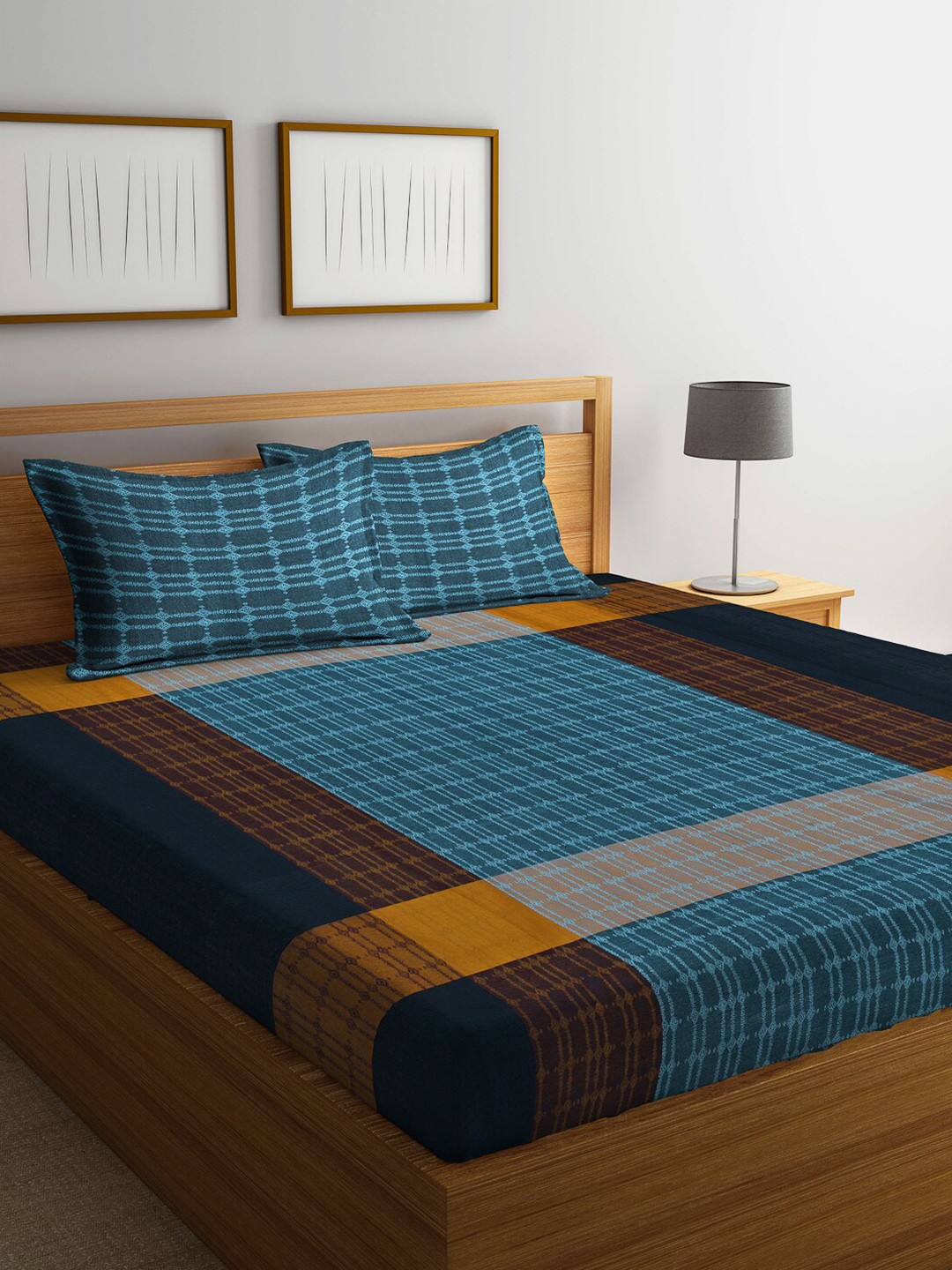 

Arrabi Blue & Brown Striped 300 TC King Cotton Bedsheet with 2 Pillow Covers