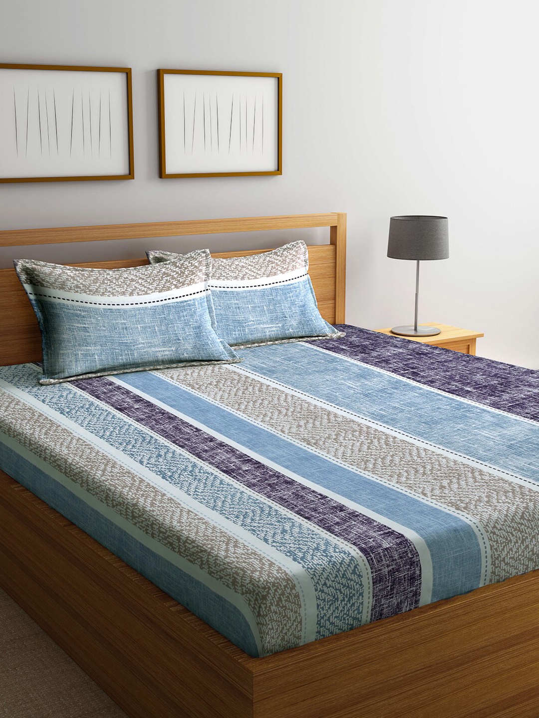 

Arrabi Blue & Yellow Striped 300 TC King Bedsheet with 2 Pillow Covers