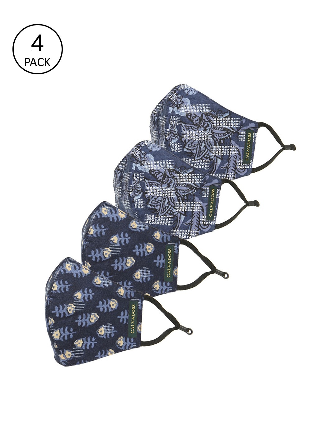 

Calvadoss Men Pack Of 4 Printed 3-Ply Reusable Cotton Cloth Masks, Navy blue