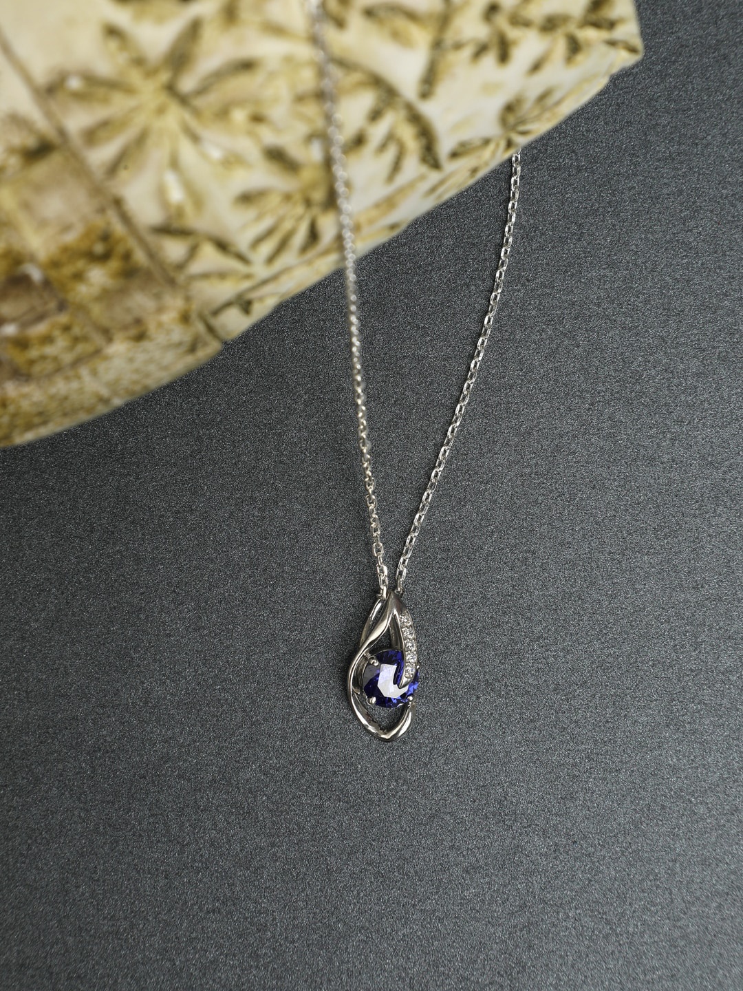 

Clara 92.5 Sterling Silver-Toned Rhodium-Plated Blue & White CZ-Studded Pendant With Chain