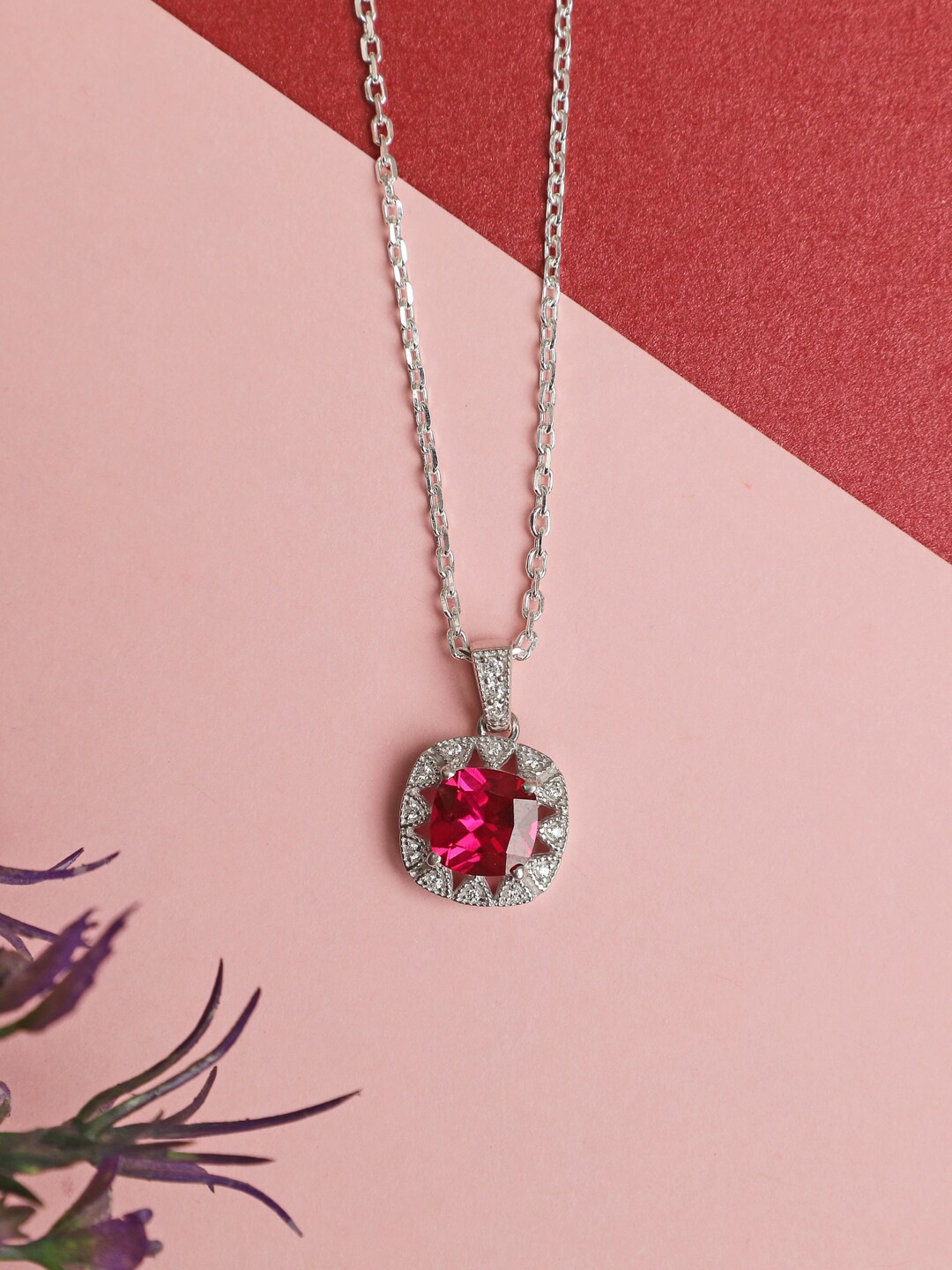 

Clara Rhodium-Plated Silver-Toned & Pink CZ-Studded Pendant With Chain