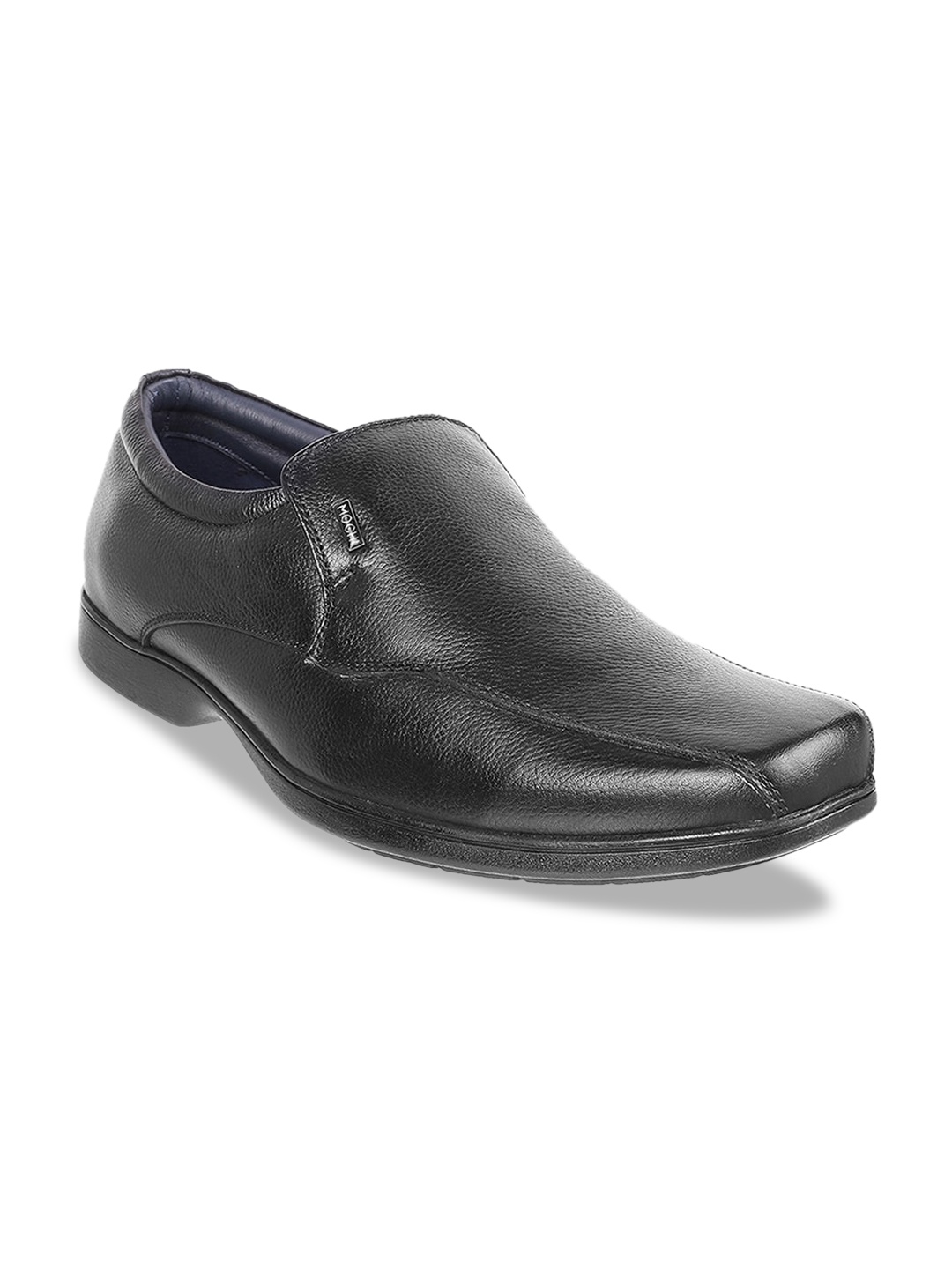 

Mochi Men Black Solid Leather Formal Slip-Ons