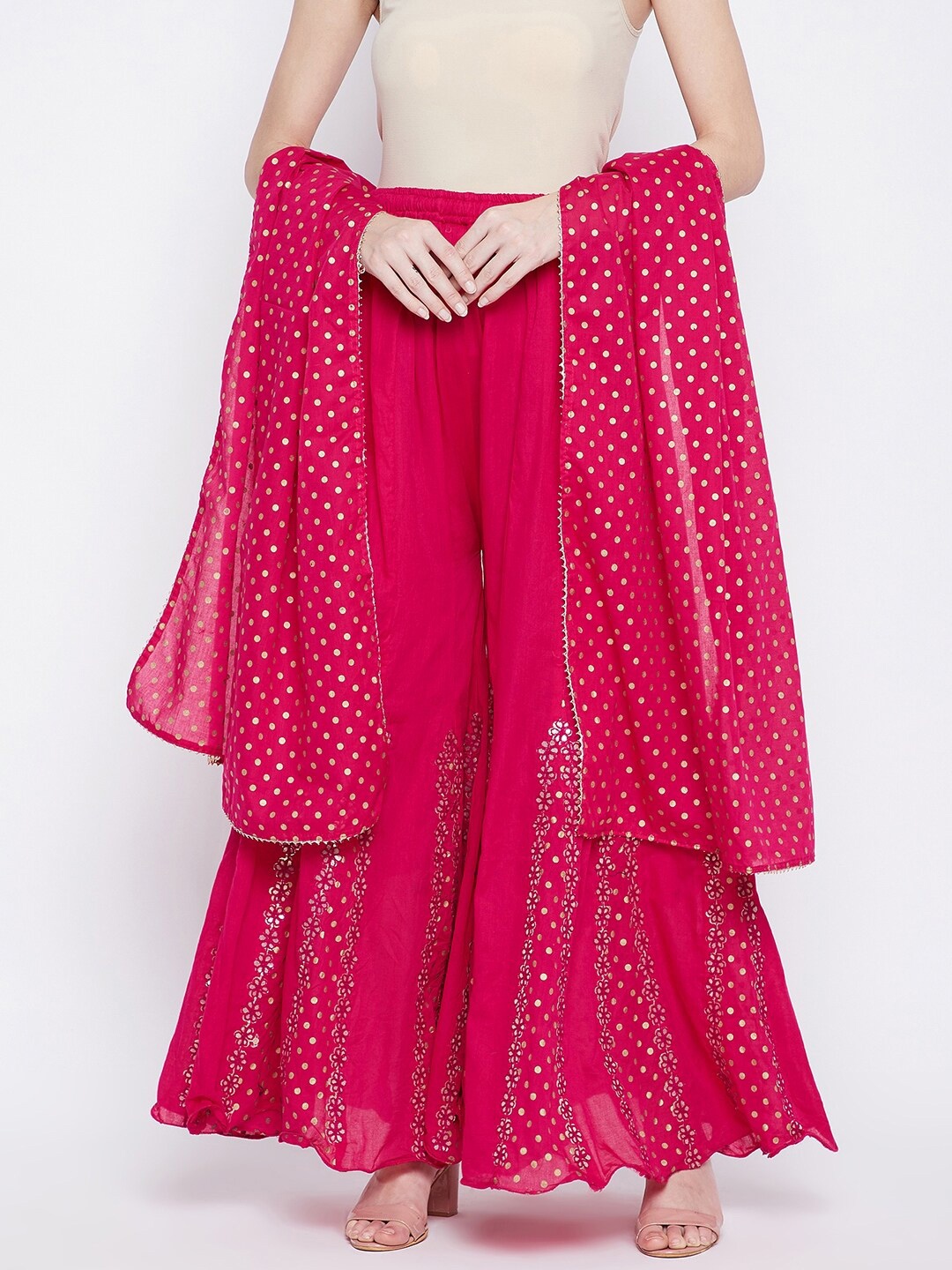 

TULIP 21 Women Pink & Gold-Toned Printed Flared Ethnic Palazzos with Dupatta