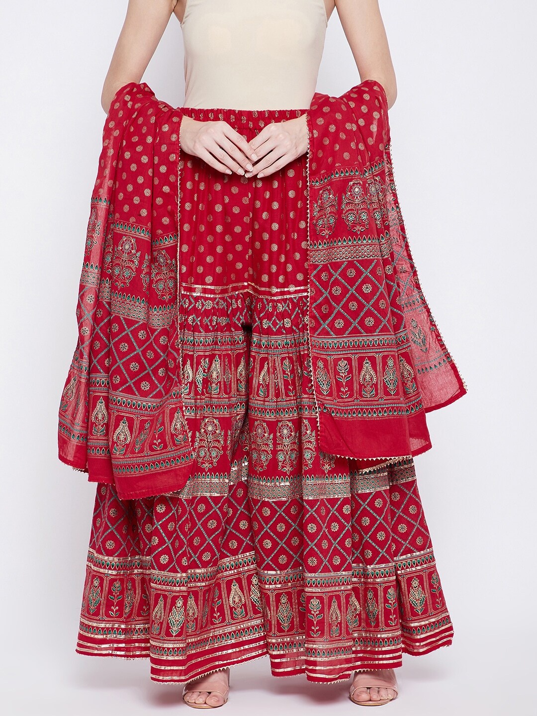 

TULIP 21 Women Red Printed Gotta Patti Palazzo & Dupatta Set