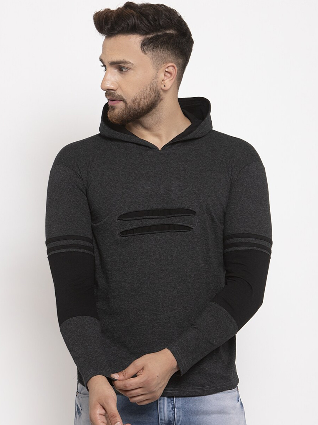 

KATSO Men Black & Charcoal Colourblocked Slim Fit T-shirt