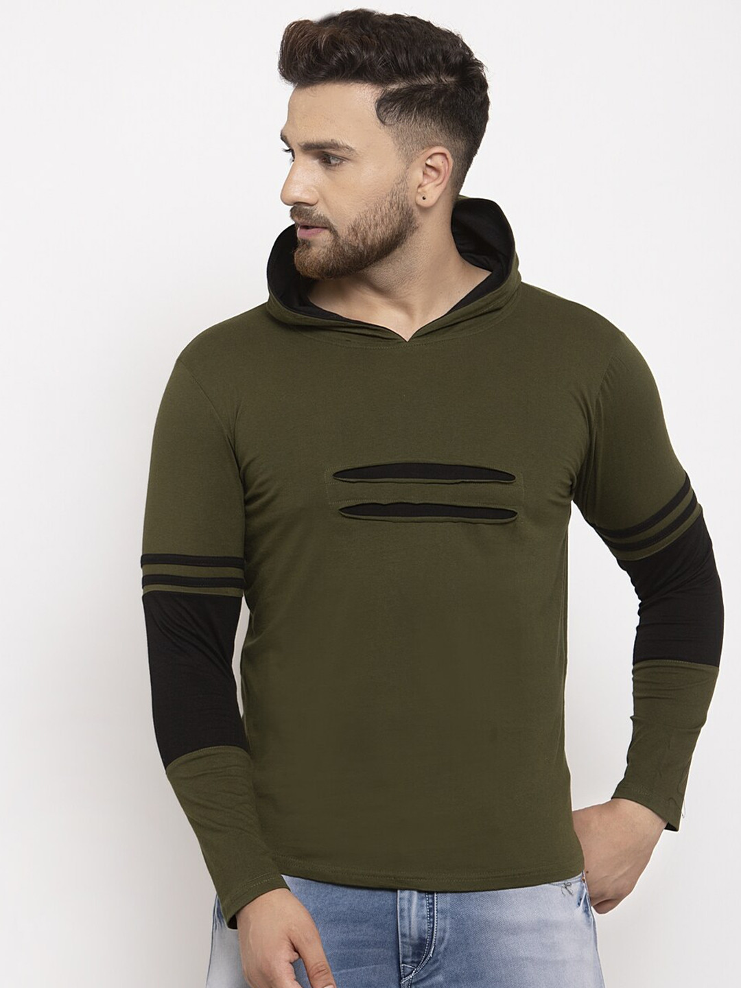 

KATSO Men Olive Green & Black Colourblocked Polo Collar Slim Fit T-shirt