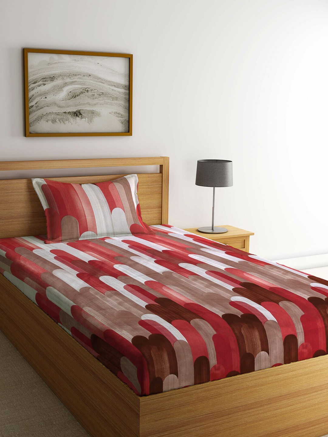 

Arrabi Red & White Geometric 300 TC Single Bedsheet with 1 Pillow Covers