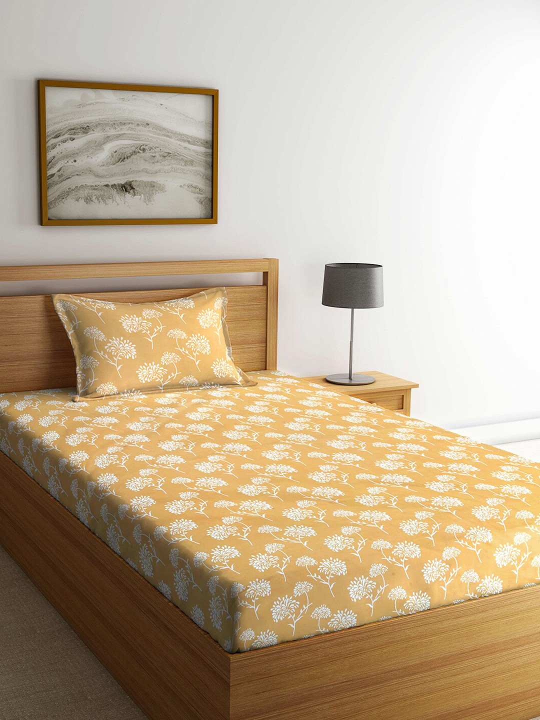 

Arrabi Yellow & White Floral 300 TC Single Bedsheet with 1 Pillow Covers