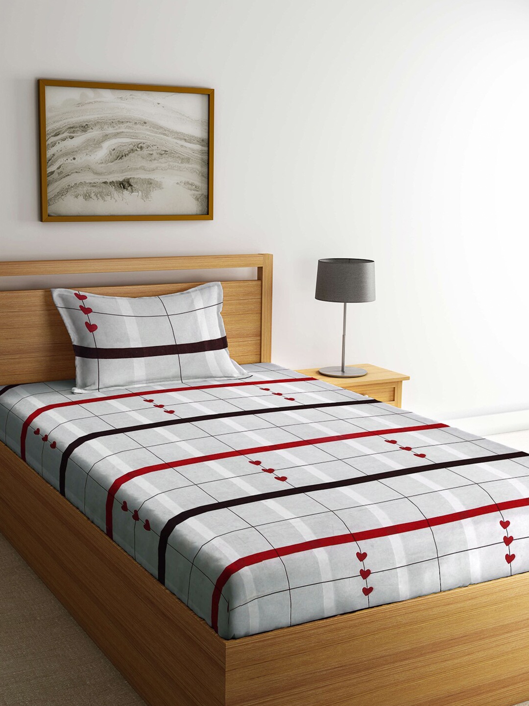 

Arrabi Grey & Red Geometric 300 TC Single Bedsheet with 1 Pillow Covers