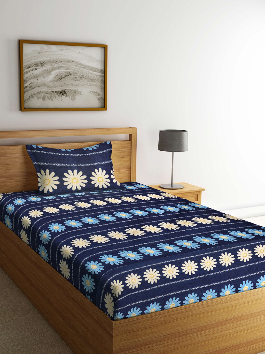 

Arrabi Blue & Yellow Floral 300 TC Single Bedsheet with 1 Pillow Covers