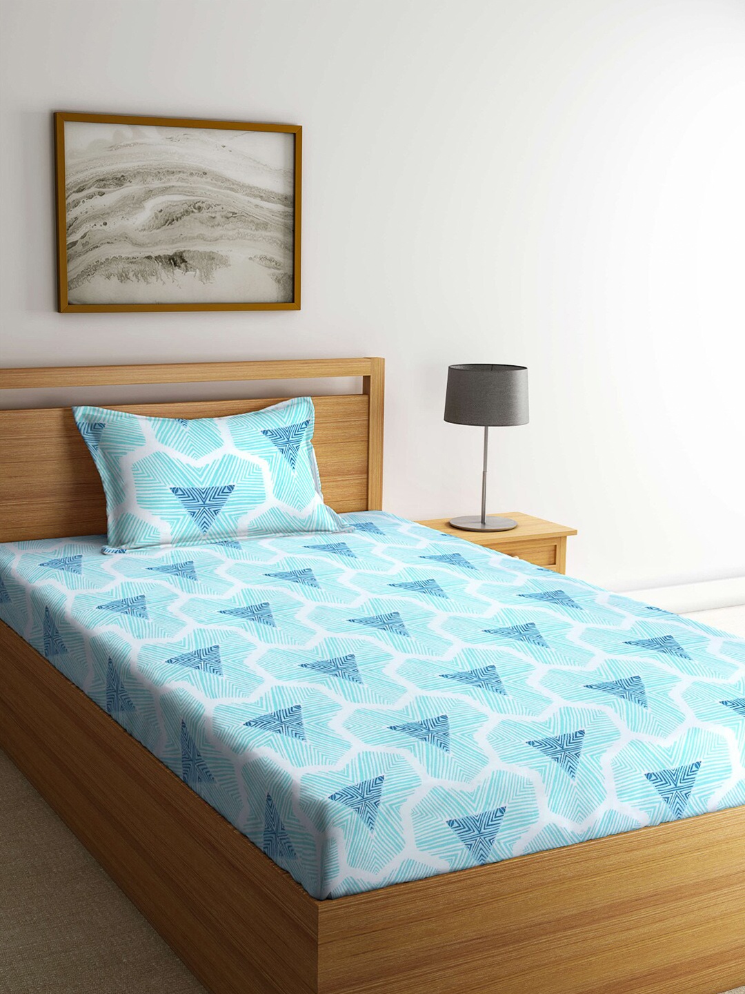 

Arrabi Turquoise Blue & White Geometric 300 TC Single Bedsheet with 1 Pillow Covers