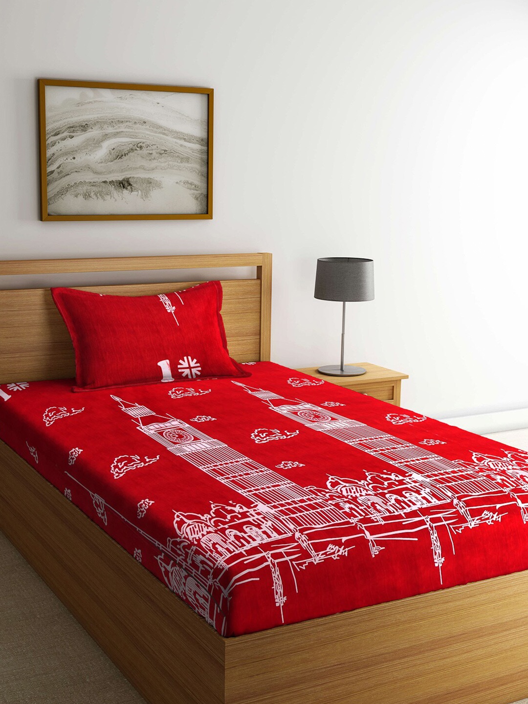 

Arrabi Red & White Graphic 300 TC Single Bedsheet with 1 Pillow Covers