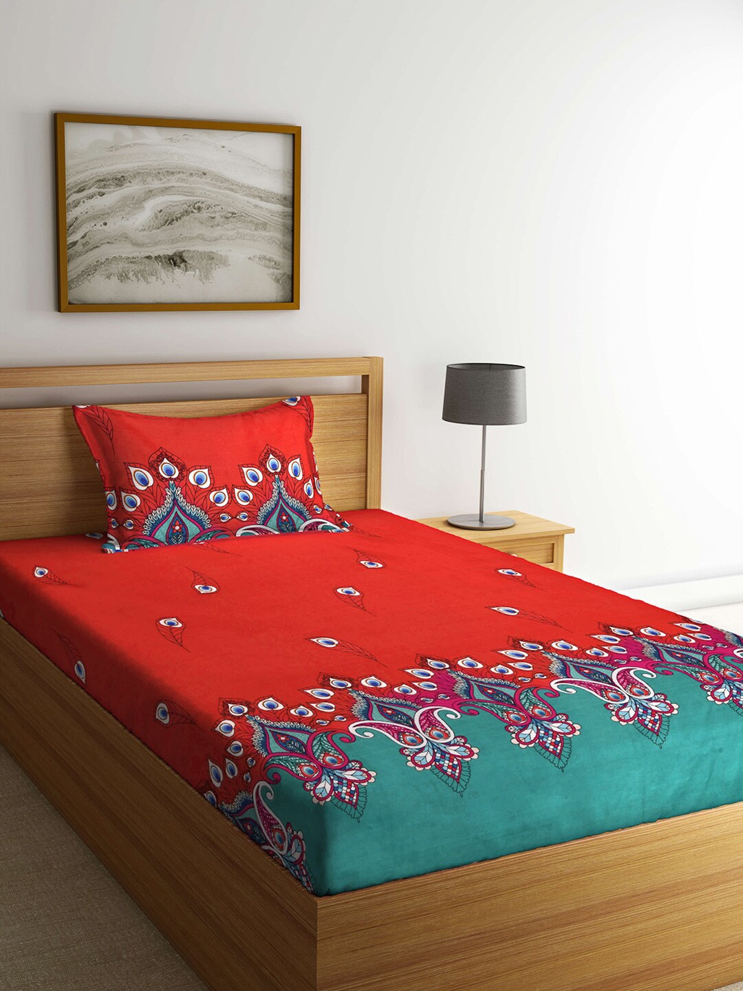 

Arrabi Red & Green Ethnic Motifs 300 TC Single Bedsheet with 1 Pillow Covers