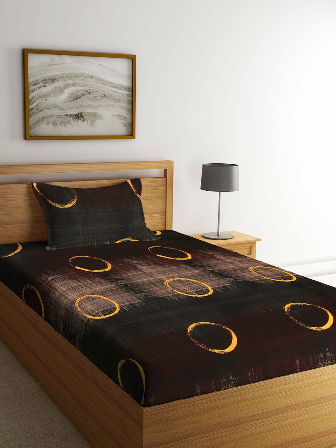 

Arrabi Brown & Black Geometric 300 TC Single Bedsheet with 1 Pillow Covers