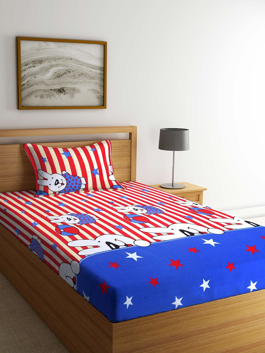 

Arrabi Red & Blue Cartoon Characters 300 TC Single Bedsheet with 1 Pillow Covers