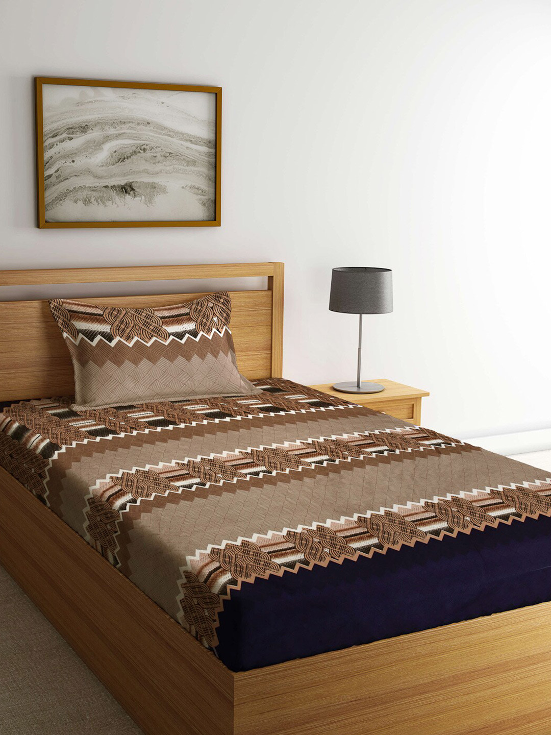 

Arrabi Brown & Navy Blue Geometric 300 TC Single Bedsheet with 1 Pillow Covers