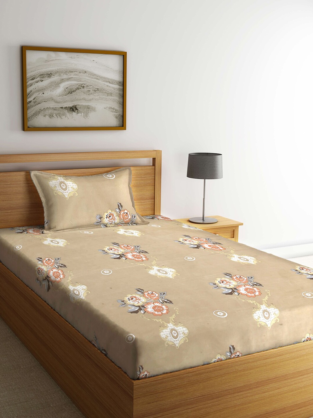

Arrabi Beige & Peach-Coloured Floral 300 TC Single Bedsheet with 1 Pillow Covers