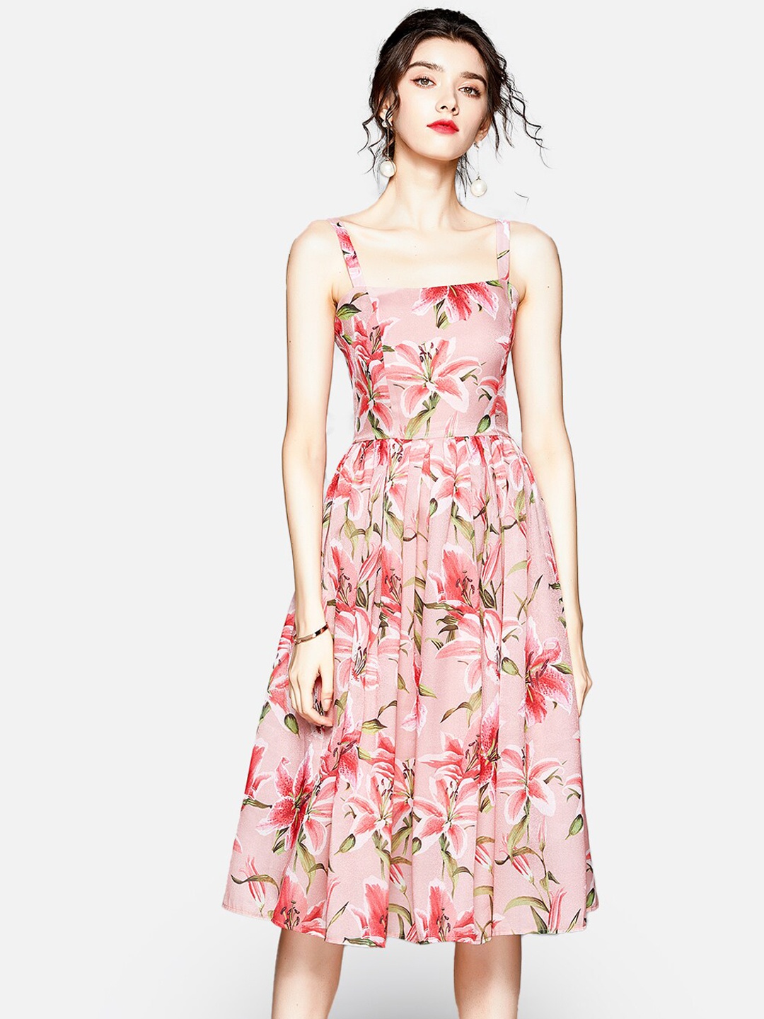 

JC Collection Pink & Green Floral Printed Midi Fit & Flare Dress