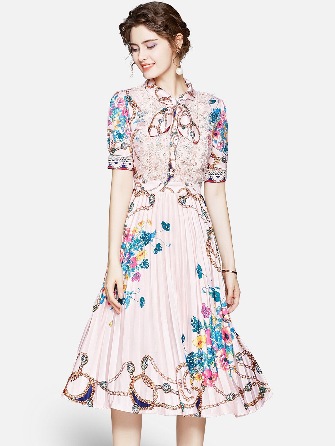 

JC Collection Pink Floral Tie-Up Neck Midi Dress