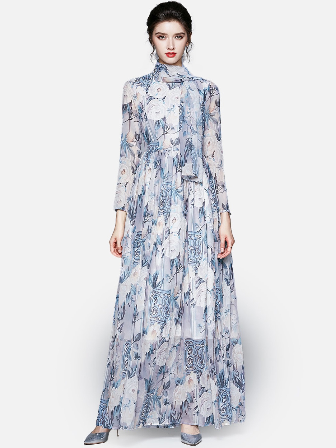 

JC Collection Blue & White Floral Printed Maxi Dress