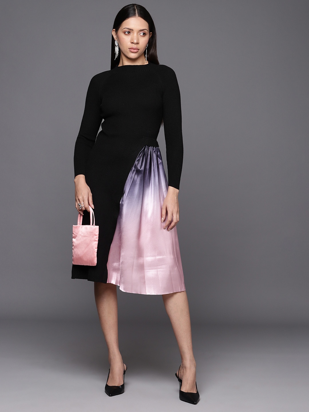 

JC Collection Colourblocked Pleated A-Line Dress, Black