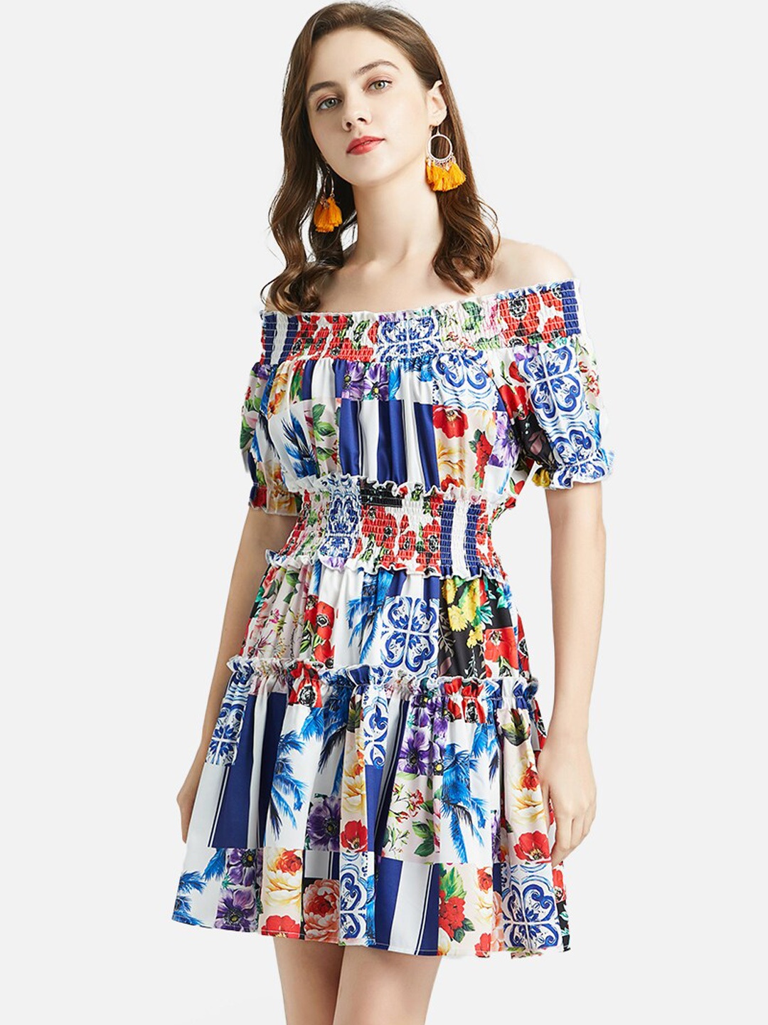 

JC Collection Blue Floral Off-Shoulder Mini Dress