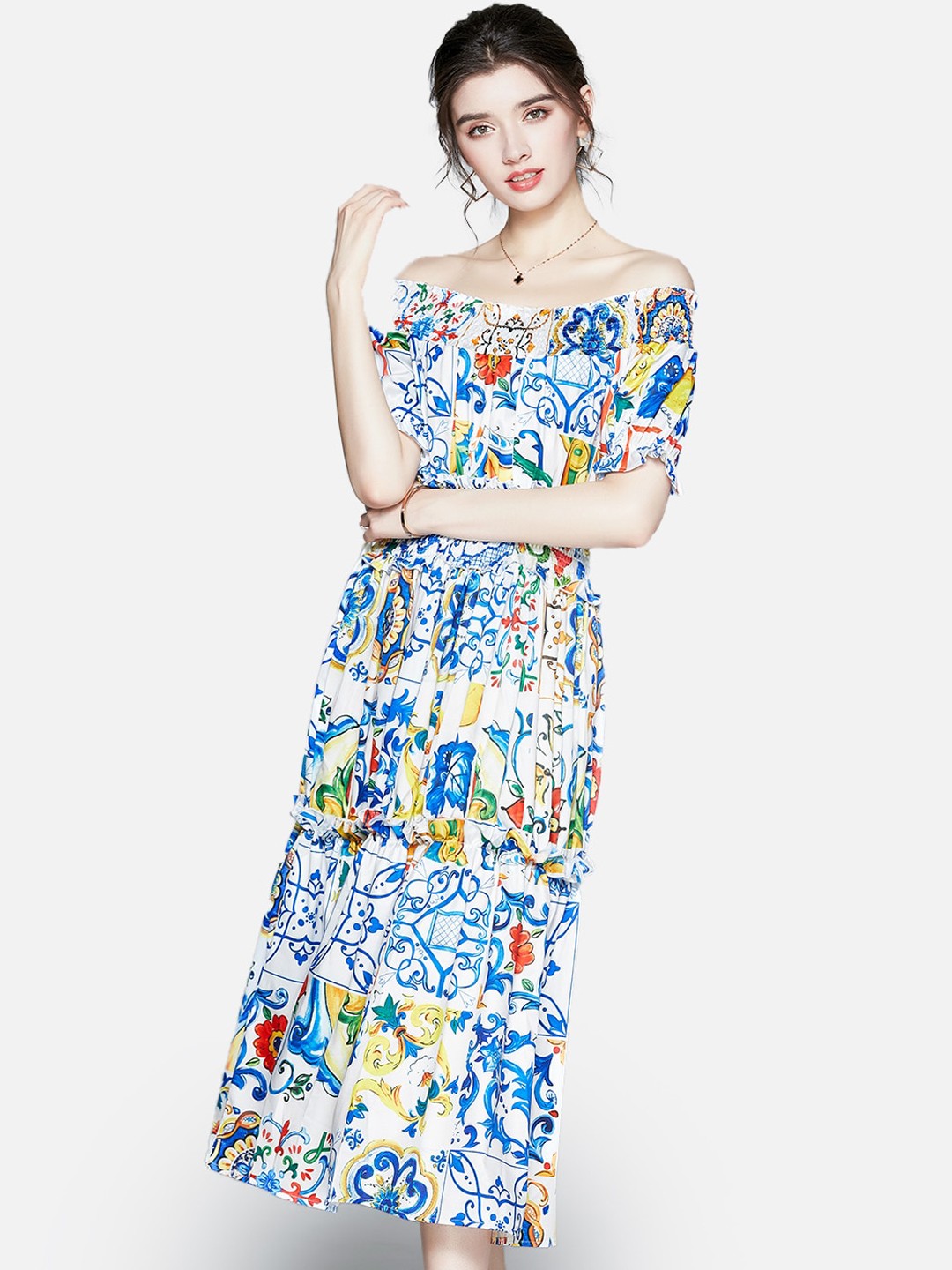 

JC Collection Blue Floral Off-Shoulder Maxi Dress