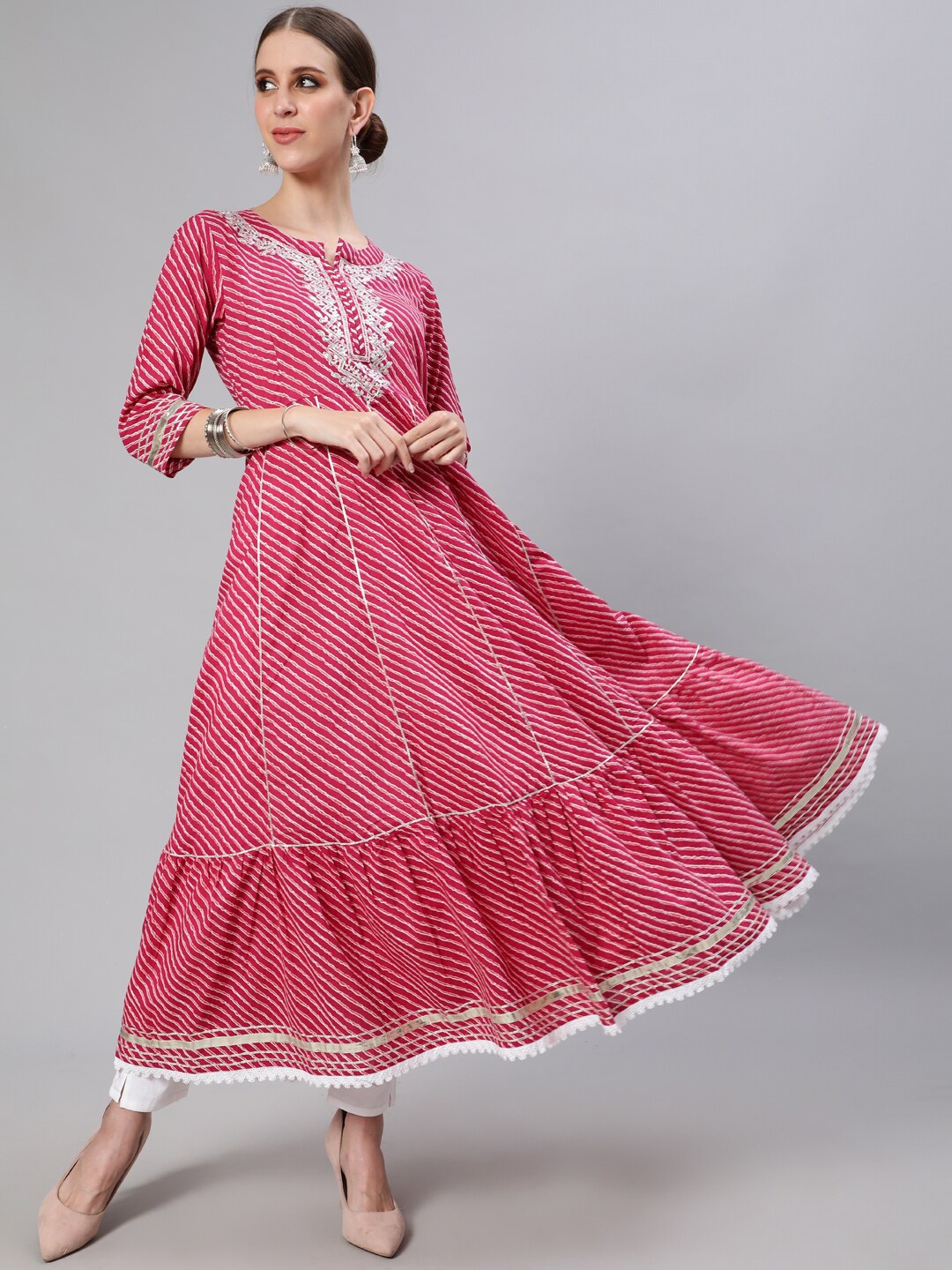 

Ishin Women Pink & White Leheriya Printed Thread Work Pure Cotton Anarkali Kurta
