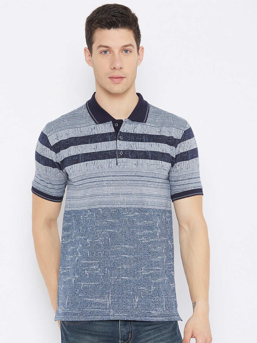 

Okane Men Blue Striped Polo Collar T-shirt