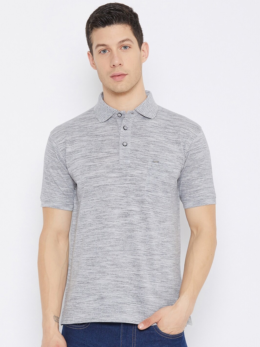 

Okane Men Grey Melange Polo Collar Pockets T-shirt