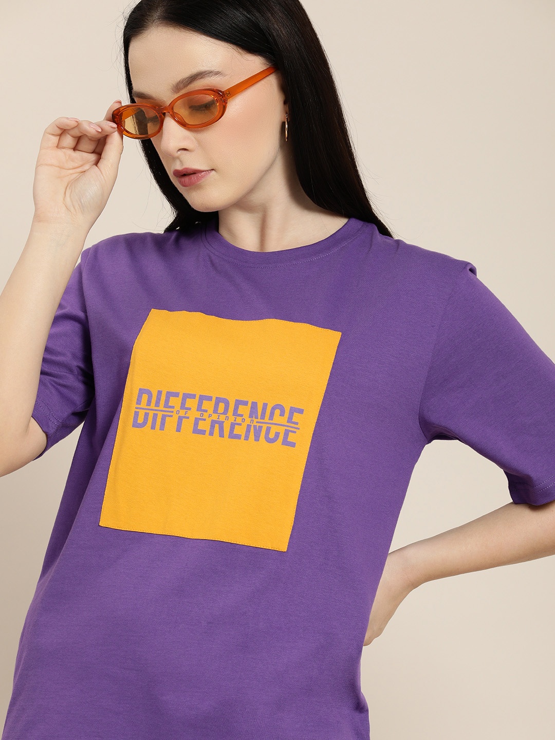 

Difference of Opinion Women Violet Graphic Printed Loose Pure Cotton T-shirt