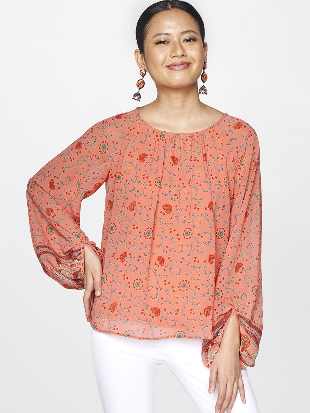 

Global Desi Coral & Green Floral Gathered detail Print Top