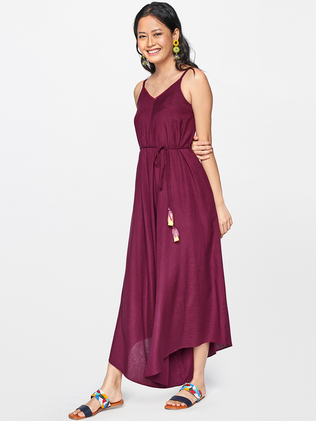 

Global Desi Purple Solid Waist Tie-Up Detailing Basic Jumpsuit