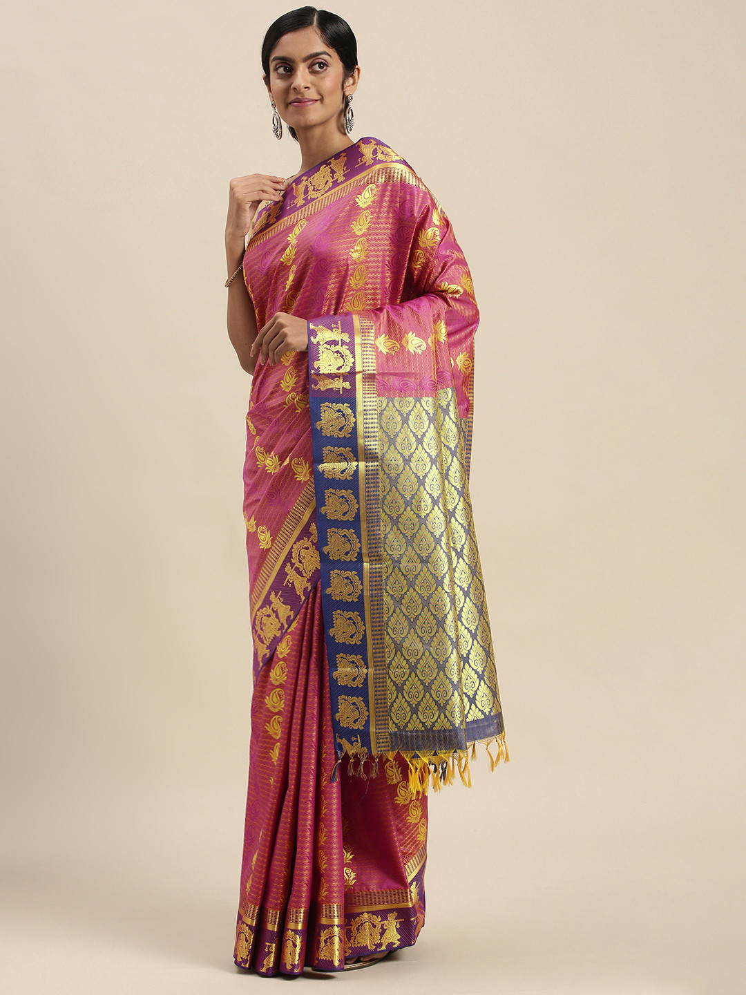 

Thara Sarees Rust Pink & Golden Ethnic Motifs Zari Art Silk Kanjeevaram Saree