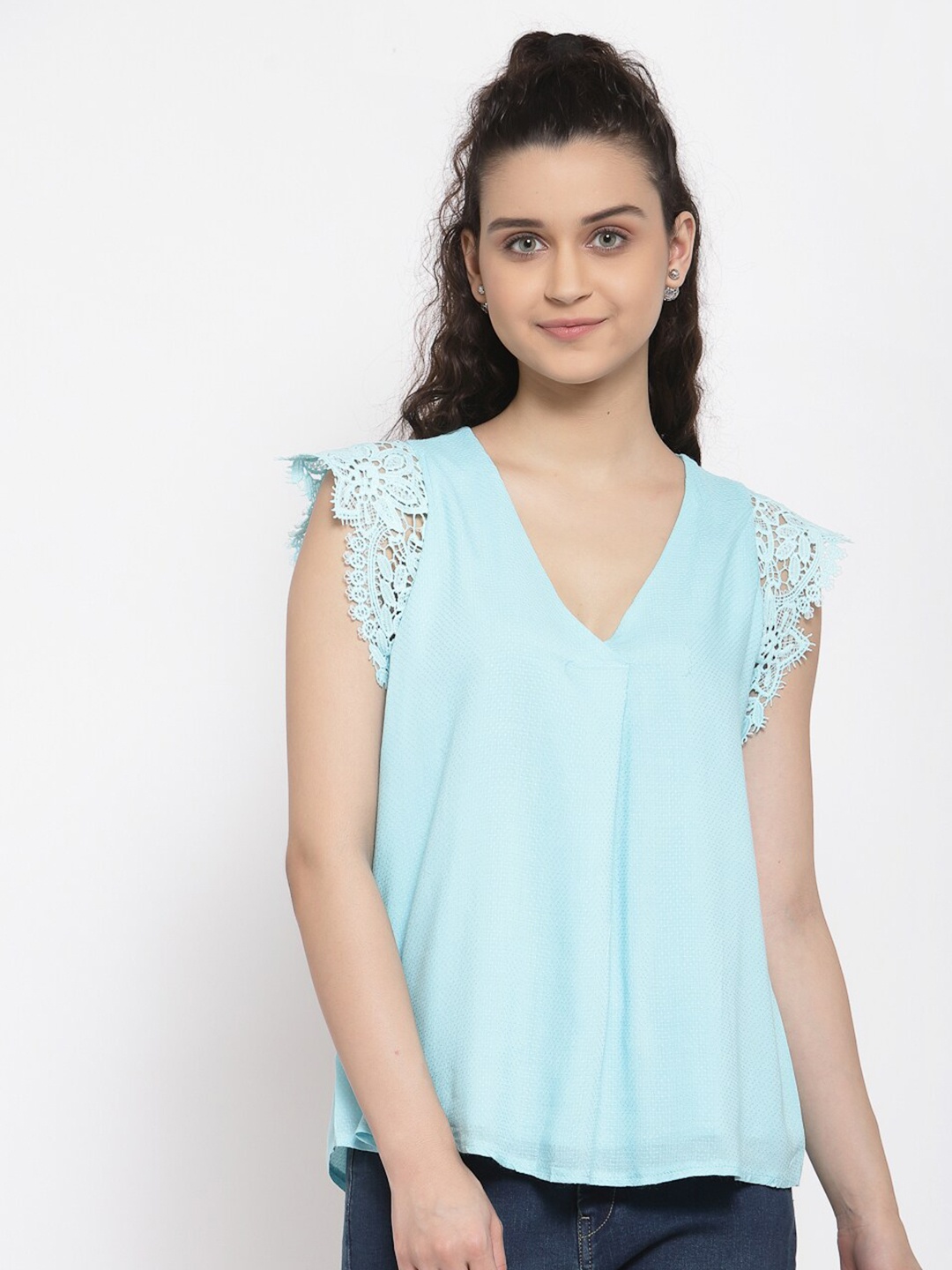 

iki chic Blue Crochet Sleeve Top
