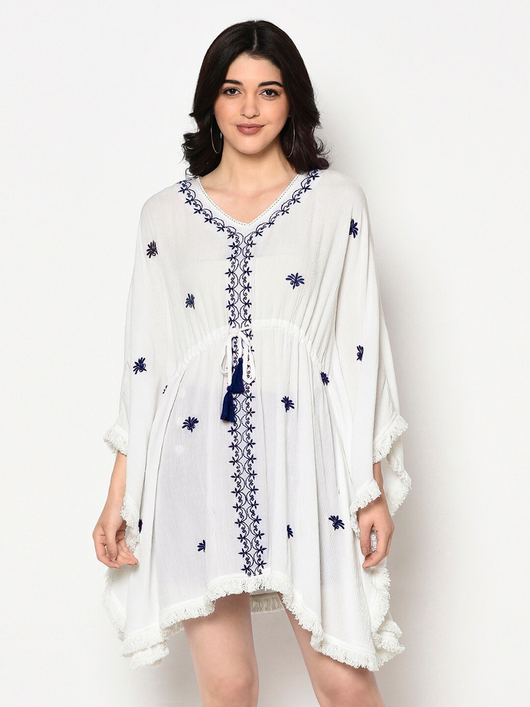 

BLANC9 Women White & Navy Blue Floral Embroidered Shrug With Tie-Up