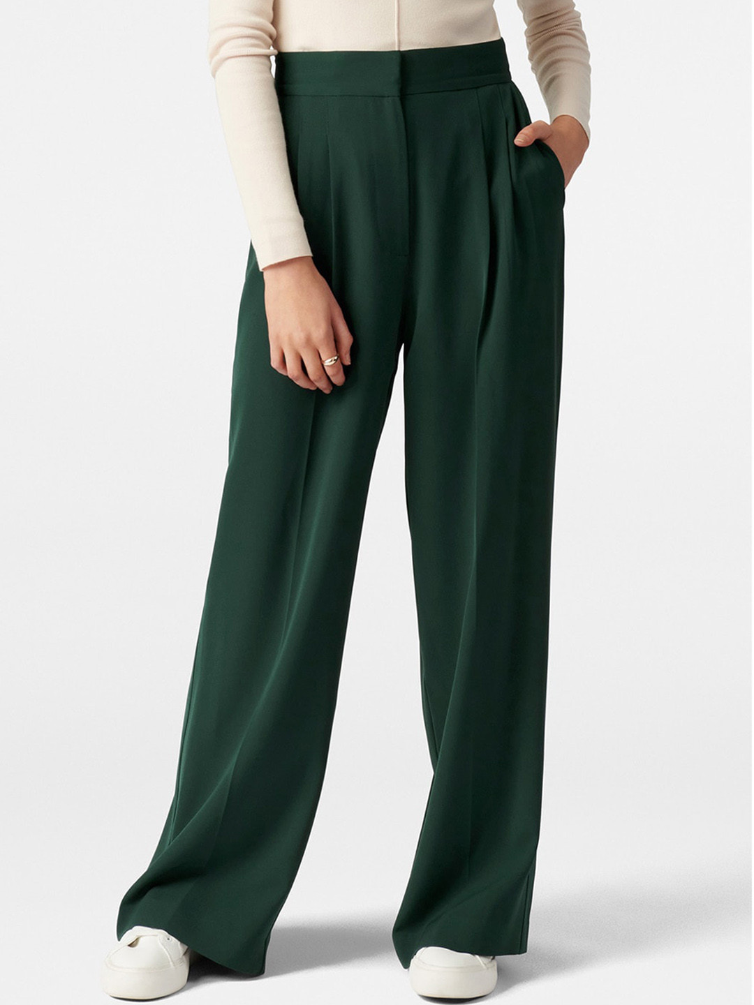 

Forever New Women Green Flared High-Rise Pleated Parallel Trousers