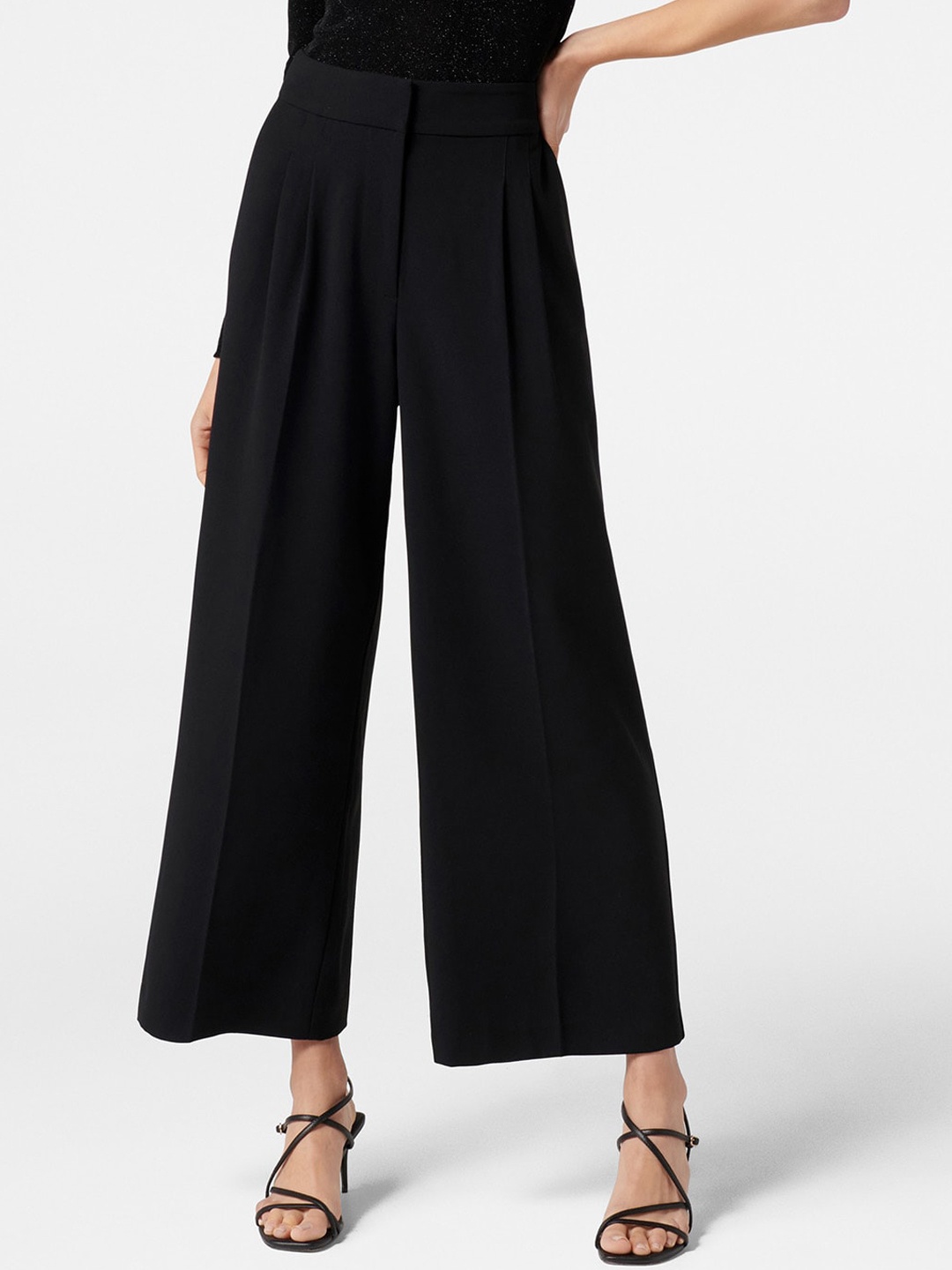 

Forever New Women Black Flared High-Rise Pleated Parallel Trousers